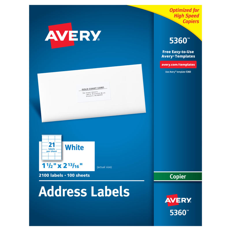 Avery Address Labels For Copiers, 5360, Rectangle, 1in x 2-13/16in, White, Pack Of 2, 100 MPN:5360