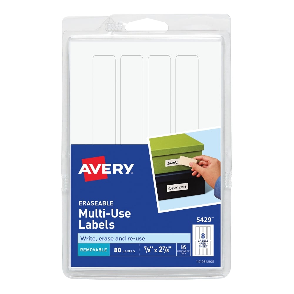 Avery Removable Erasable Multipurpose Labels, 5429, 7/8in x 2 7/8in, White, Pack Of 80 MPN:5429