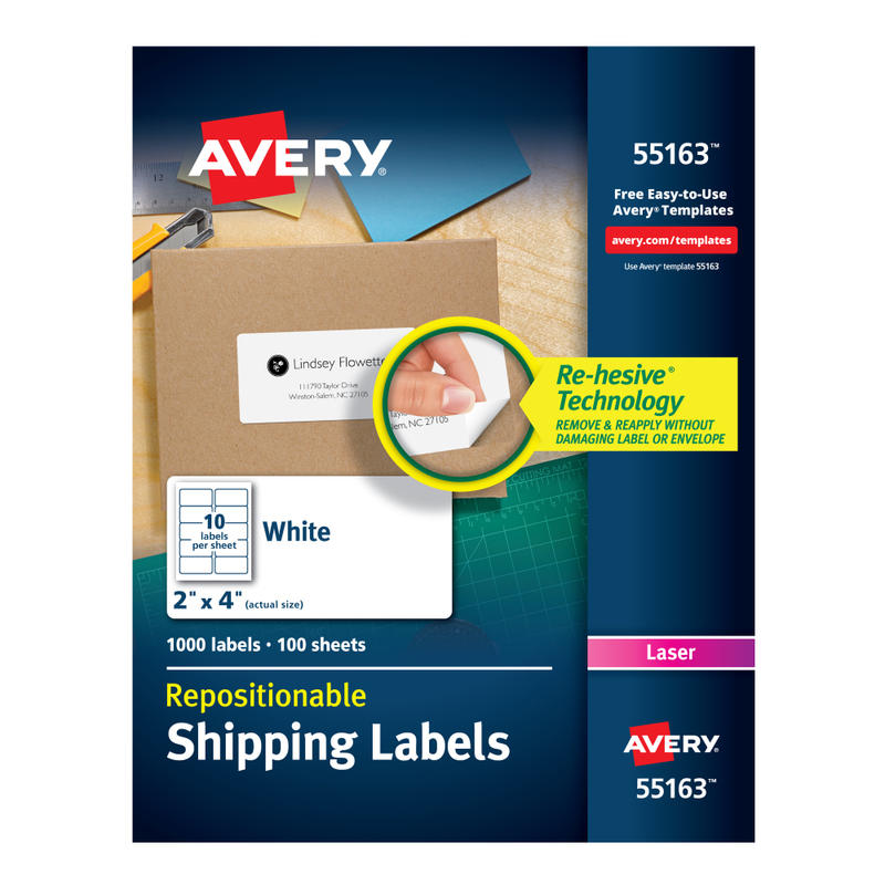 Avery Repositionable Shipping Labels With Sure Feed Technology, 55613, Rectangle, 2in x 4in, White, Pack Of 1, 000 MPN:55163
