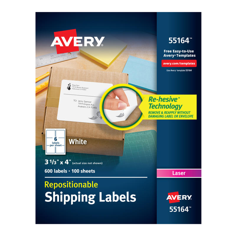 Avery Repositionable Permanent Shipping Labels, 55164, 3 1/3in x 4in, White, Box Of 600 MPN:55164