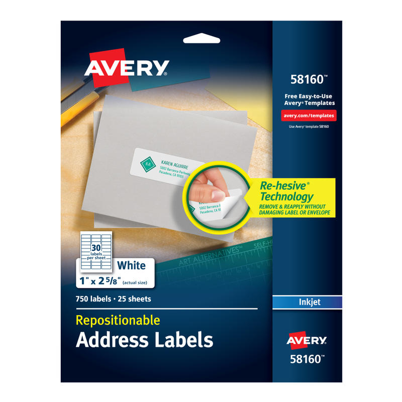 Avery Repositionable Address Labels, 58160, Rectangle, 1in x 2-5/8in, White, Pack Of 750 MPN:58160