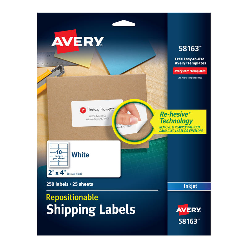 Avery Repositionable Shipping Labels With Sure Feed Technology, 58163, Rectangle, 2in x 4in, White, Pack Of 250 MPN:58163