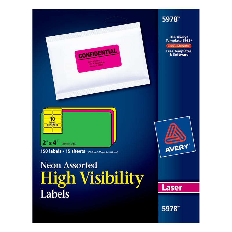 Avery Neon Shipping Labels With Sure Feed, 5978, Rectangle, 2inx4in, Assorted Neon Colors, Pack Of 150 MPN:5978