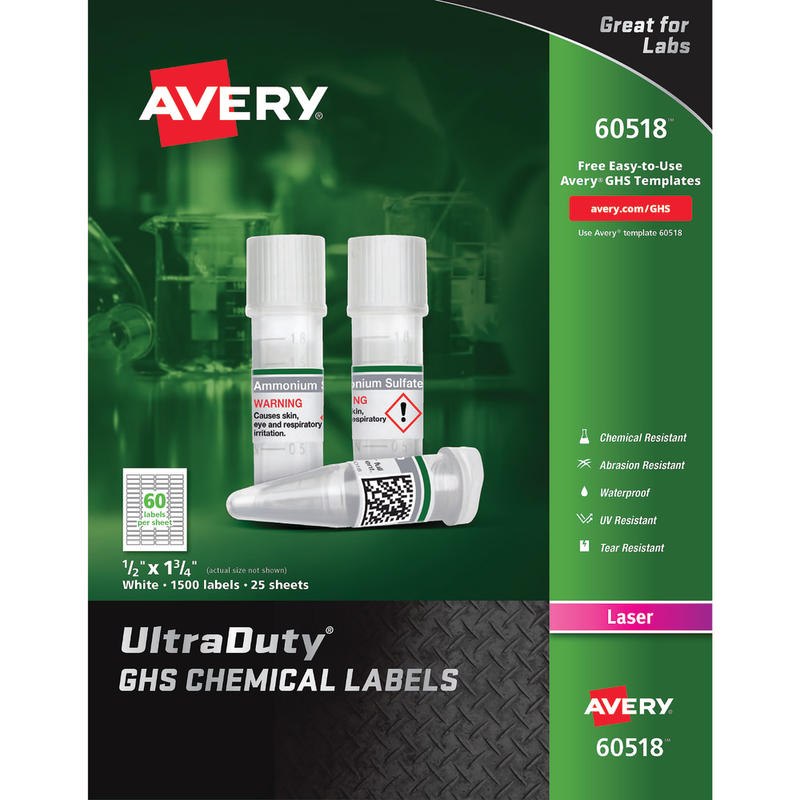 Avery UltraDuty GHS Chemical Labels For Laser Printers, Waterproof, UV Resistant, 60518, Rectangle, 1/2in x 1-3/4in, White, Pack Of 1, 500 MPN:60518