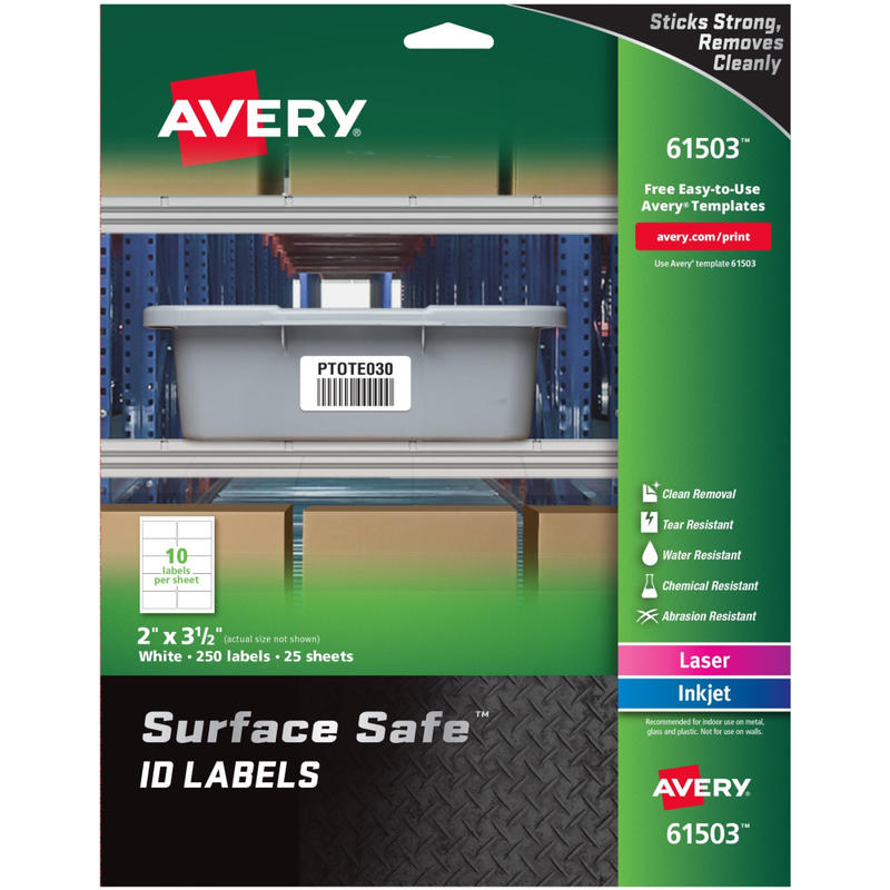 Avery Surface Safe ID Labels - Removable Adhesive - 2inx 3 1/2in - Rectangle - Laser, Inkjet - White - 61503 MPN:61503