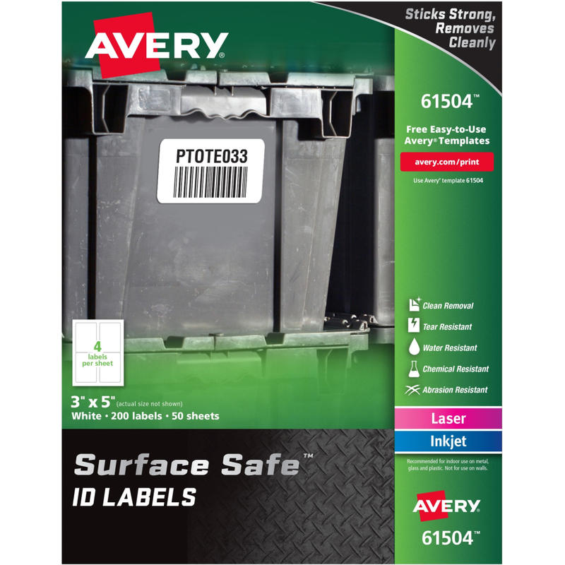 Avery Surface Safe ID Labels - Removable Adhesive - 3inx 5in - Rectangle - Laser, Inkjet - White - Polyester - 4 / Sheet - 50 Total Sheets - 200 / Pack MPN:61504