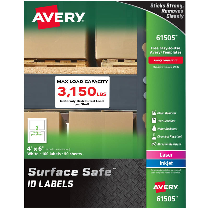 Avery Surface Safe ID Labels - Removable Adhesive - 4inx 6in - Rectangle - Laser, Inkjet - White - Polyester - 2 / Sheet - 50 Total Sheets - 100 / Pack MPN:61505
