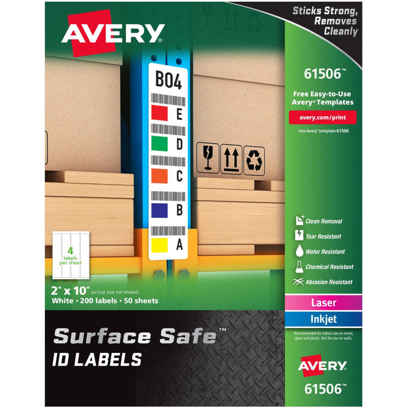 Avery Surface Safe ID Labels - Removable Adhesive - 2inx 10in - Rectangle - Laser, Inkjet - White - Polyester - 4/Sheet - 50 Total Sheets - 200/Pack MPN:61506