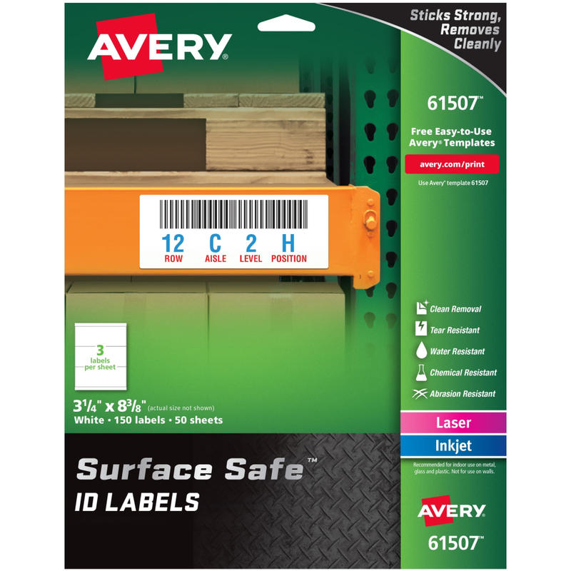 Avery Surface Safe ID Labels - Removable Adhesive - 3 1/4inx 8 3/8in - Rectangle - Laser, Inkjet - White - 61507 MPN:61507
