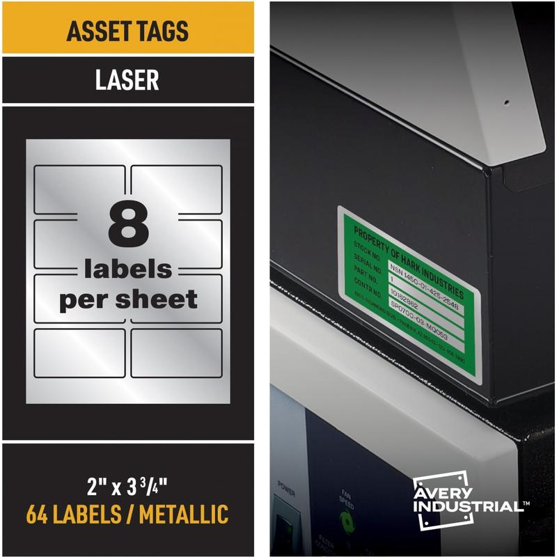 Avery PermaTrack Metallic Asset Tag Labels, 2in x 3-3/4in, Silver, 8 Per Sheet, Pack of 8 Sheets MPN:61520
