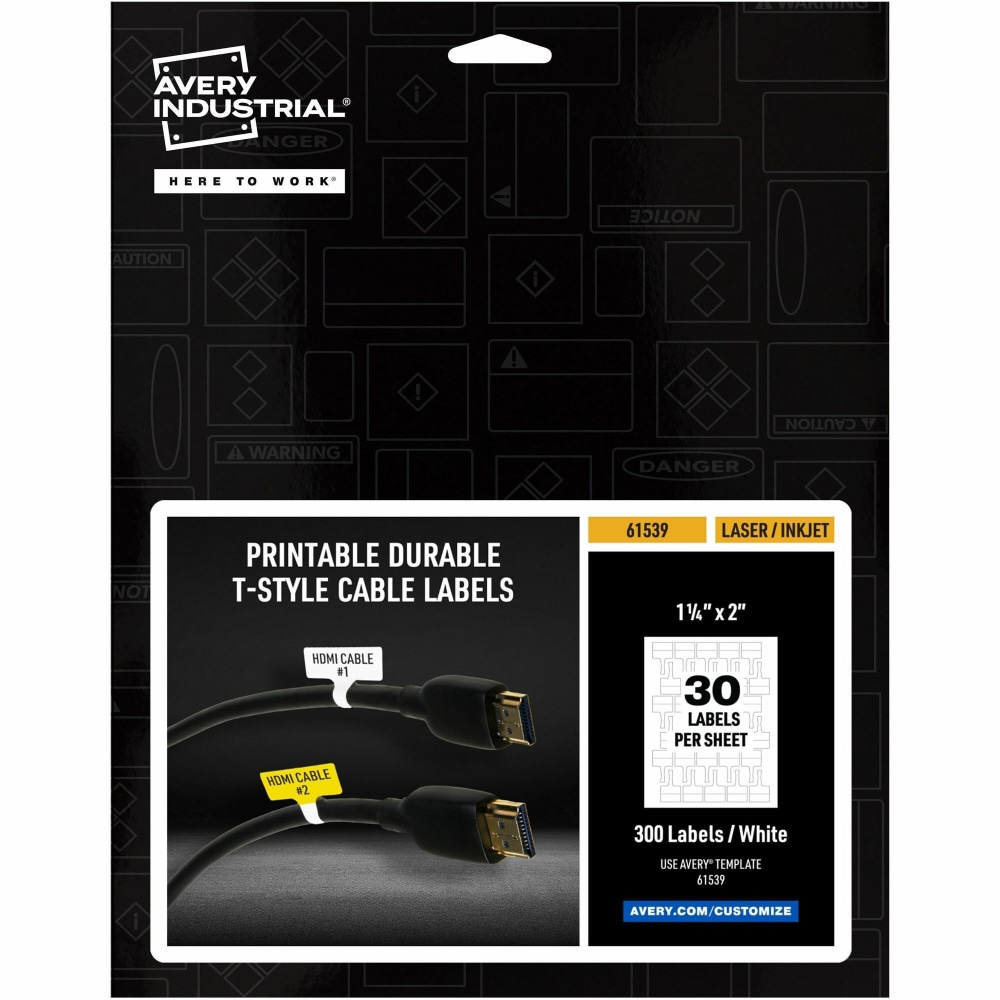 Avery Cable Labels, T-Style, 1.25inx2in, 300 Total (61539) - Waterproof - 1 1/4inx 2in - Permanent Adhesive - 61539 MPN:61539