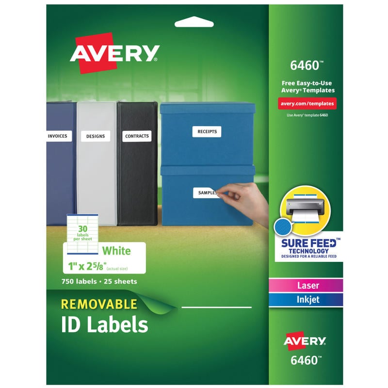 Avery Removable Laser/Inkjet ID Labels, 6460, Organization, 1in x 2 5/8in, White, Pack Of 750 MPN:6460