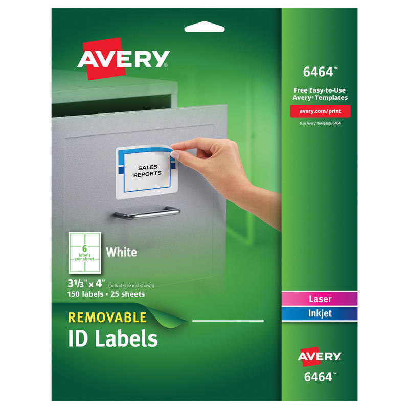 Avery Removable ID Labels With Sure Feed Technology, 6464, Rectangle, 3-1/3in x 4in, White, Pack Of 150 MPN:6464