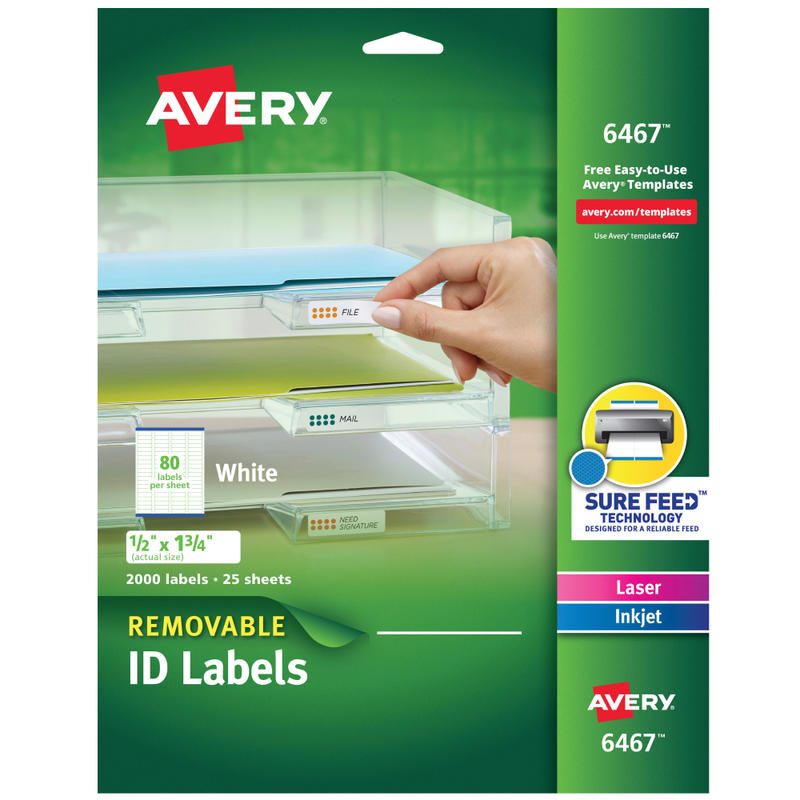 Avery Removable ID Labels With Sure Feed Technology, 6467, Rectangle, 1/2in x 1-3/4in, White, Pack Of 2, 000 MPN:06467