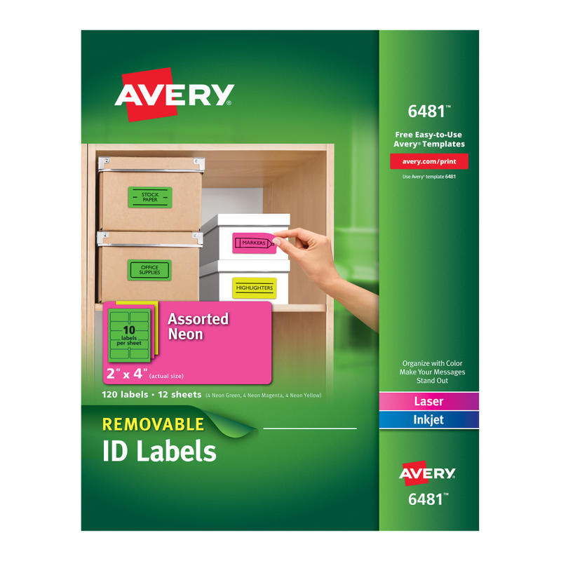 Avery Removable Laser/Inkjet Organization Labels, 6481, 2in x 4in, Assorted Colors, Pack Of 120 MPN:6481