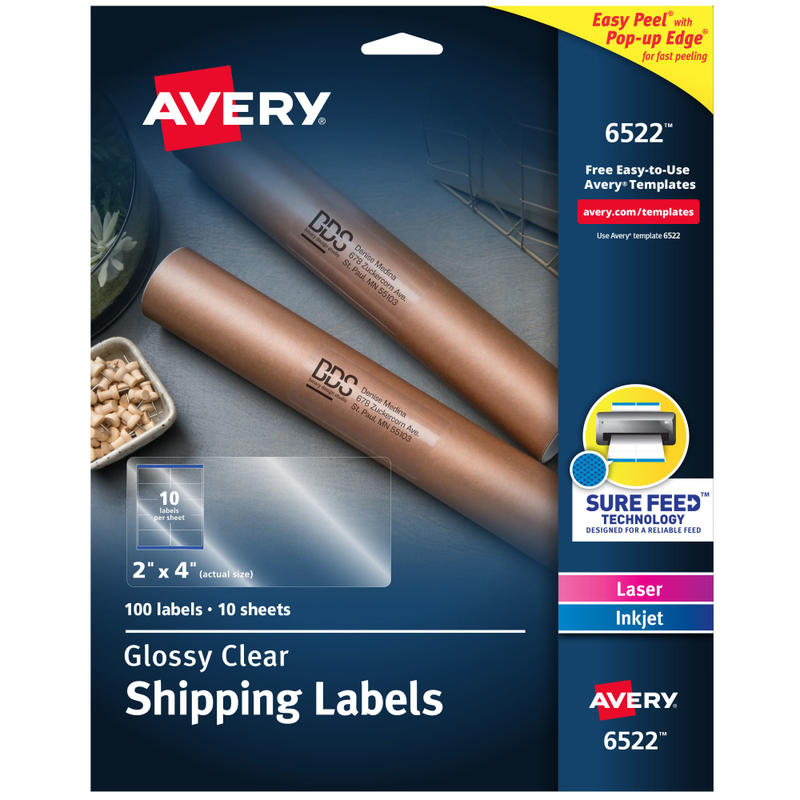 Avery Glossy Permanent Labels, 6522, Shipping, 2in x 4in, Clear, Pack Of 100 MPN:6522