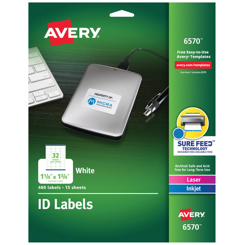 Avery Permanent ID Labels With Sure Feed Technology, 6570, Rectangle, 1-1/4in x 1-3/4in, White, Pack Of 480 Labels MPN:6570