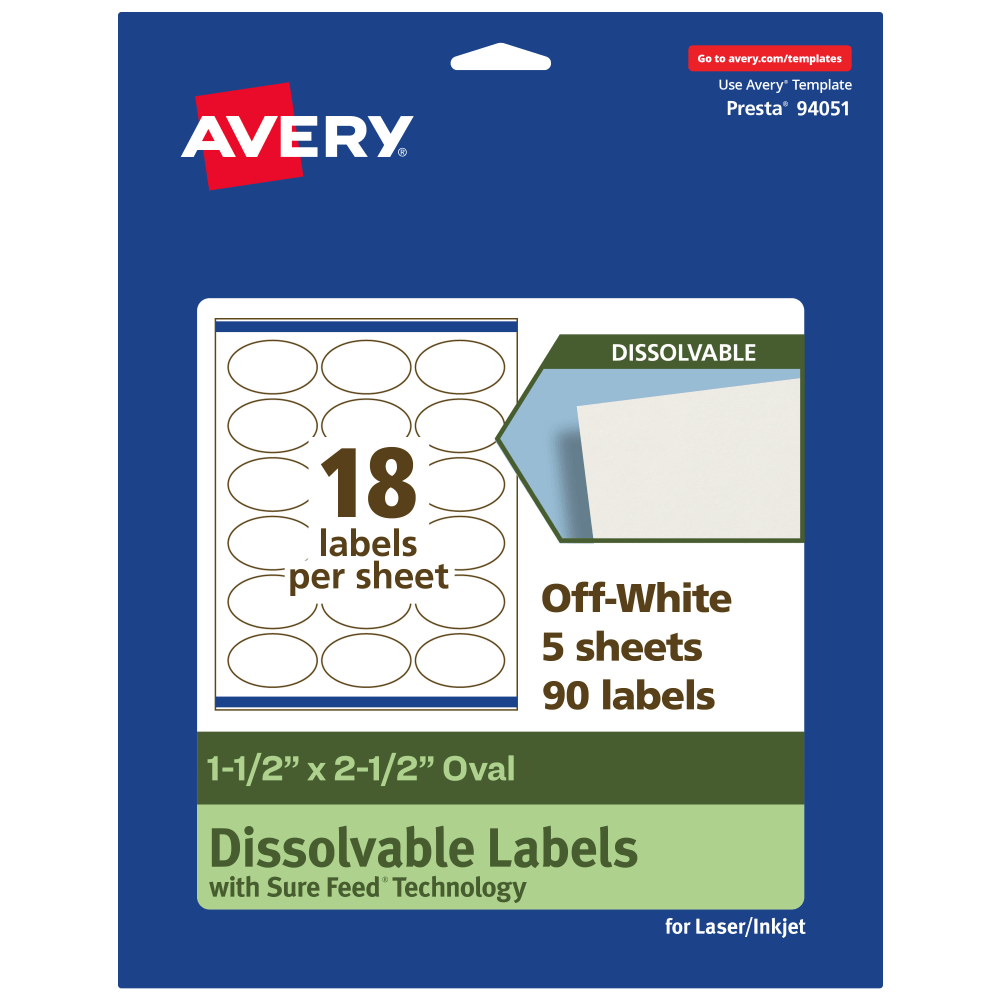 Avery Dissolvable Labels With Sure Feed Technology, 94051-DWMP5, Oval, 1-1/2inx2-1/2in, Matte Off-White, Pack Of 90 MPN:94051-DWMP5