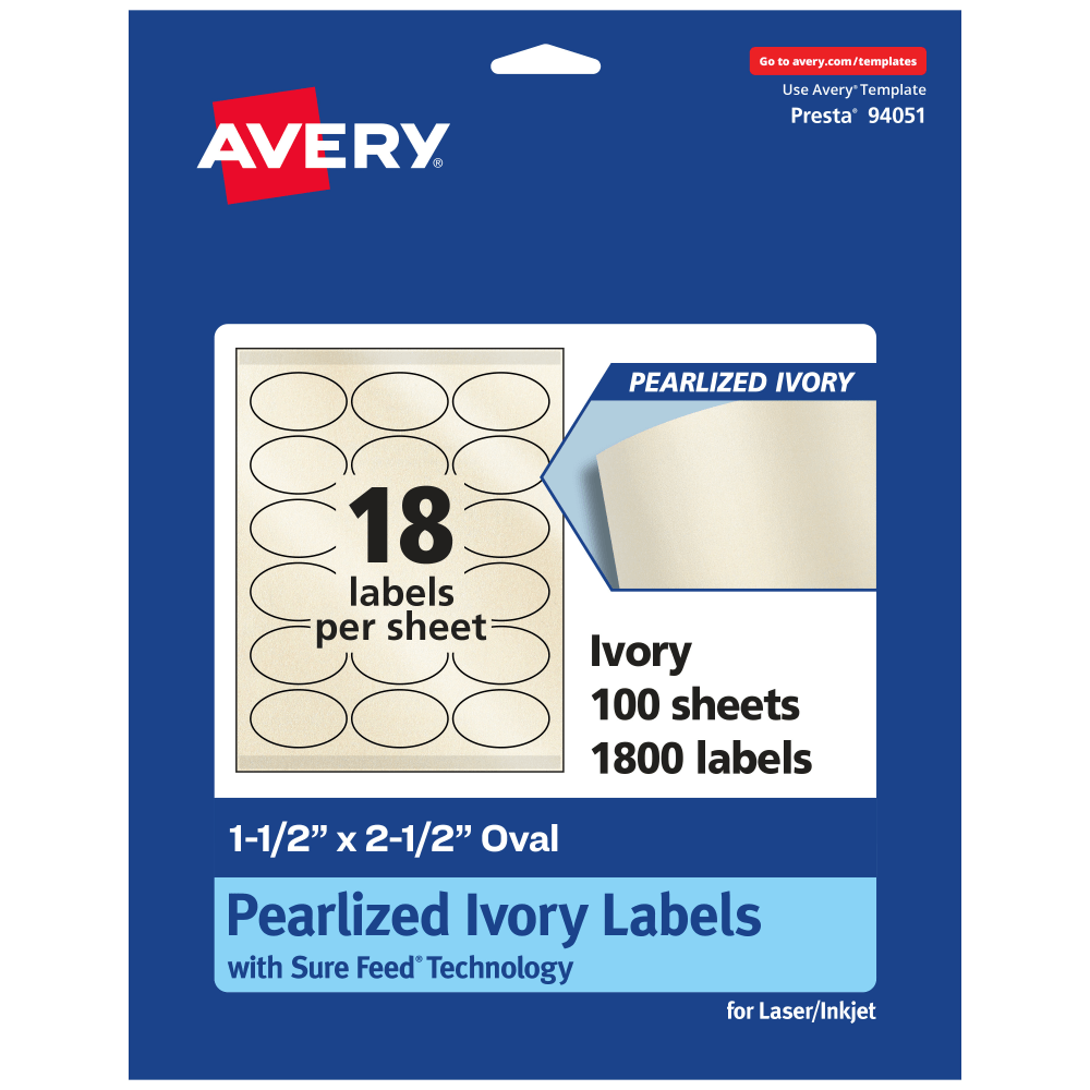 Avery Pearlized Permanent Labels With Sure Feed, 94051-PIP100, Oval, 1-1/2in x 2-1/2in, Ivory, Pack Of 1, 800 Labels MPN:94051-PIP100