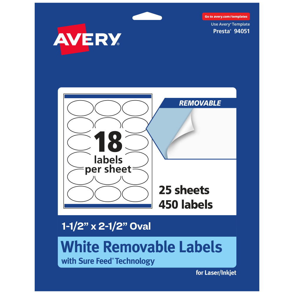 Avery Removable Labels With Sure Feed, 94051-RMP25, Oval, 1-1/2in x 2-1/2in, White, Pack Of 450 Labels MPN:94051-RMP25