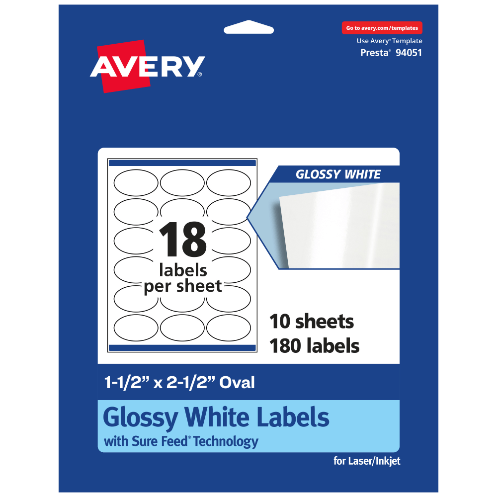 Avery Glossy Permanent Labels With Sure Feed, 94051-WGP10, Oval, 1-1/2in x 2-1/2in, White, Pack Of 180 MPN:94051-WGP10