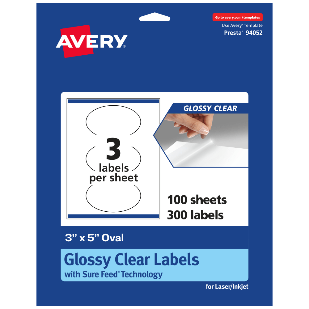 Avery Glossy Permanent Labels With Sure Feed, 94052-CGF100, Oval, 3in x 5in, Clear, Pack Of 300 MPN:94052-CGF100