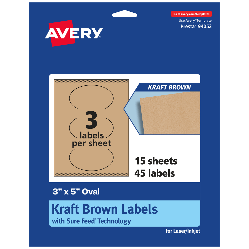 Avery Kraft Permanent Labels With Sure Feed, 94052-KMP15, Oval, 3in x 5in, Brown, Pack Of 45 MPN:94052-KMP15