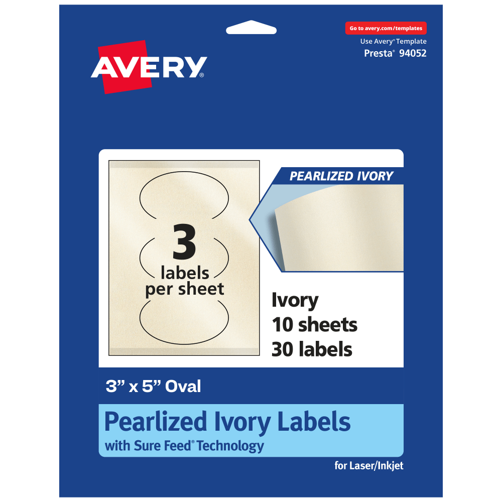 Avery Pearlized Permanent Labels With Sure Feed, 94052-PIP10, Oval, 3in x 5in, Ivory, Pack Of 30 Labels MPN:94052-PIP10
