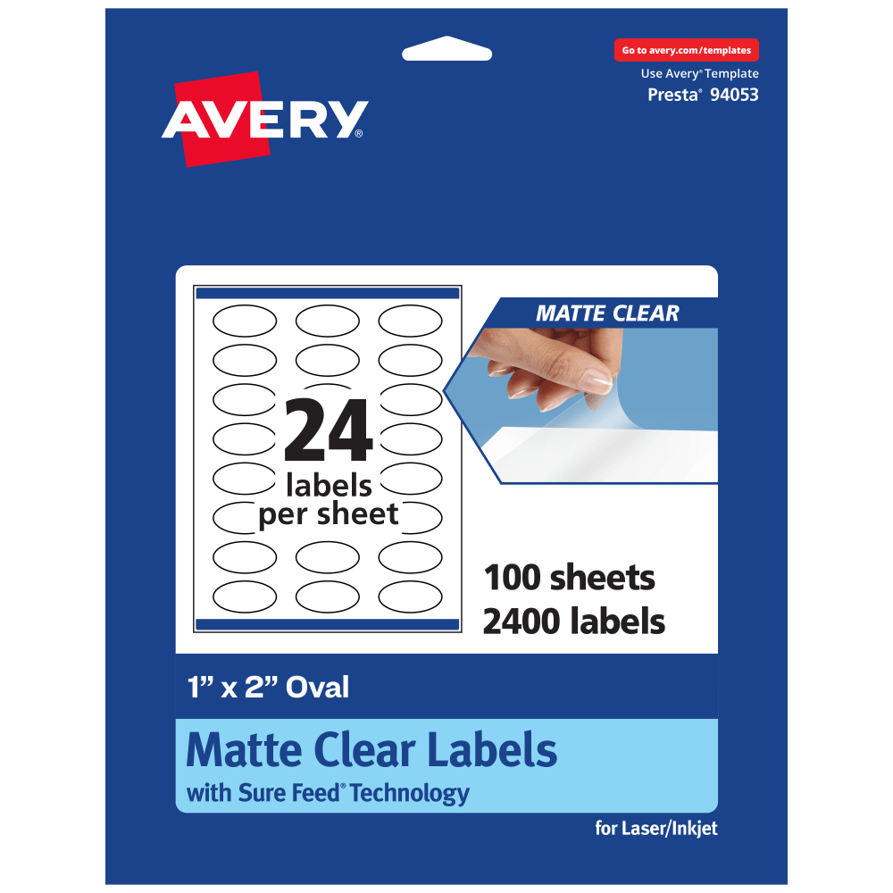 Avery Permanent Labels With Sure Feed, 94053-CMF100, Oval, 1in x 2in, Matte Clear, Pack Of 2, 400 MPN:94053-CMF100