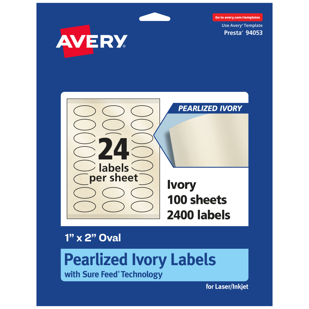 Avery Pearlized Permanent Labels With Sure Feed, 94053-PIP100, Oval, 1in x 2in, Ivory, Pack Of 2, 400 Labels MPN:94053-PIP100