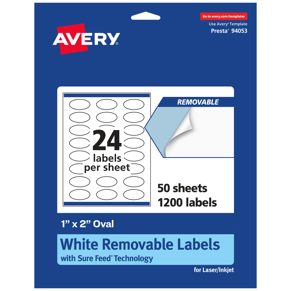 Avery Removable Labels With Sure Feed, 94053-RMP50, Oval, 1in x 2in, White, Pack Of 1, 200 Labels MPN:94053-RMP50