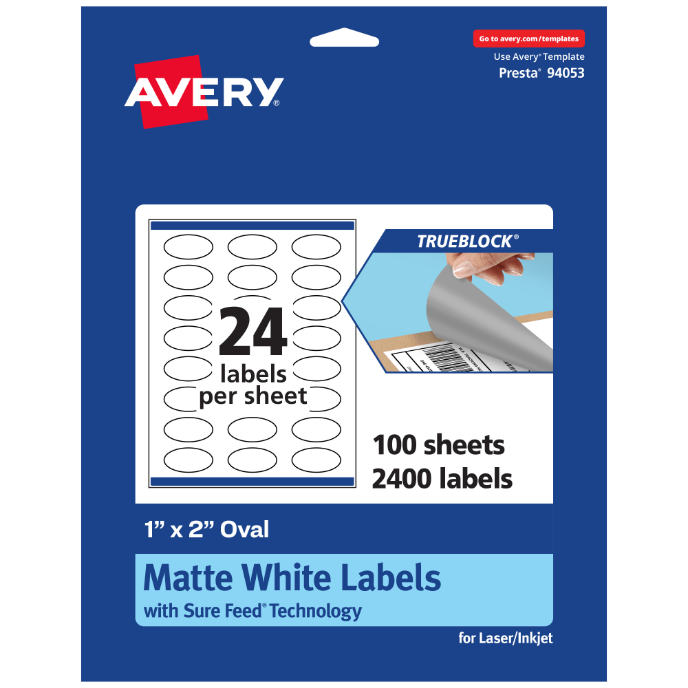 Avery Print-To-The-Edge TrueBlock Labels With Sure Feed, 94053-TWMP100, Oval, 1in x 2in, Matte White, Pack Of 2400 MPN:94053-TWMP100
