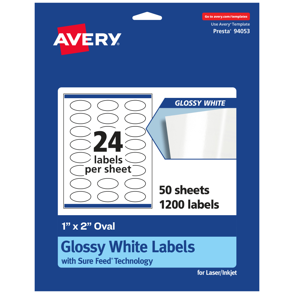 Avery Glossy Permanent Labels With Sure Feed, 94053-WGP50, Oval, 1in x 2in, White, Pack Of 1, 200 MPN:94053-WGP50