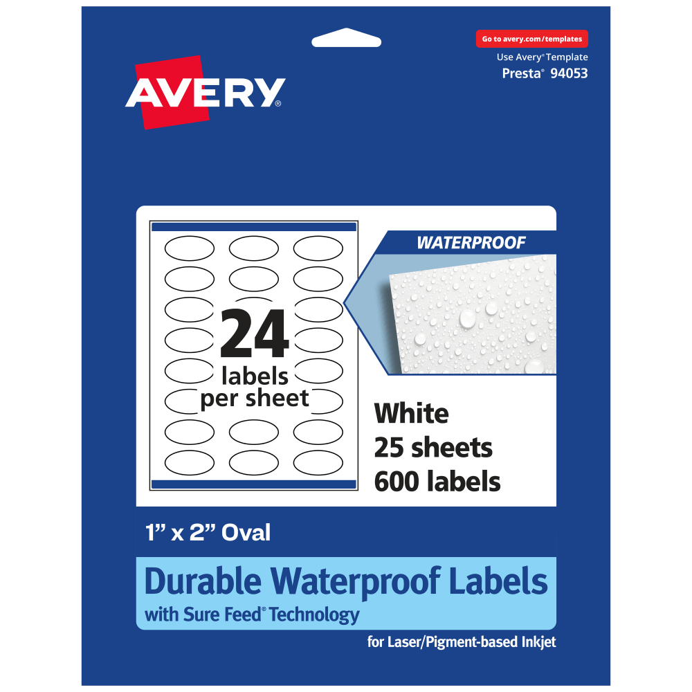 Avery Waterproof Permanent Labels With Sure Feed, 94053-WMF25, Oval, 1in x 2in, White, Pack Of 600 MPN:94053-WMF25
