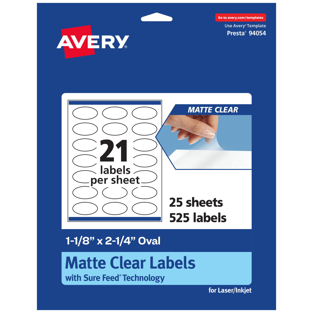 Avery Permanent Labels With Sure Feed, 94054-CMF25, Oval, 1-1/8in x 2-1/4in, Matte Clear, Pack Of 525 MPN:94054-CMF25