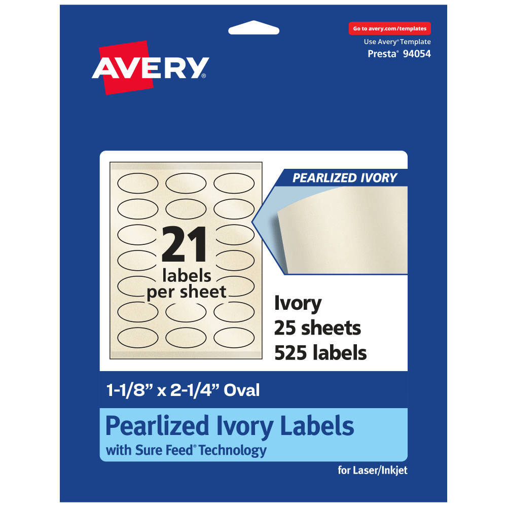 Avery Pearlized Permanent Labels With Sure Feed, 94054-PIP25, Oval, 1-1/8in x 2-1/4in, Ivory, Pack Of 525 Labels MPN:94054-PIP25
