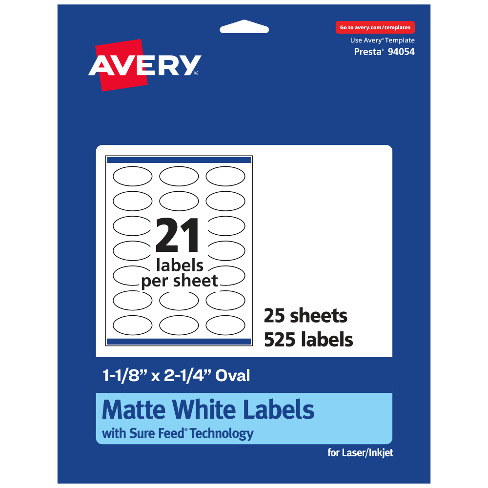 Avery Permanent Labels With Sure Feed, 94054-WMP25, Oval, 1-1/8in x 2-1/4in, White, Pack Of 525 MPN:94054-WMP25