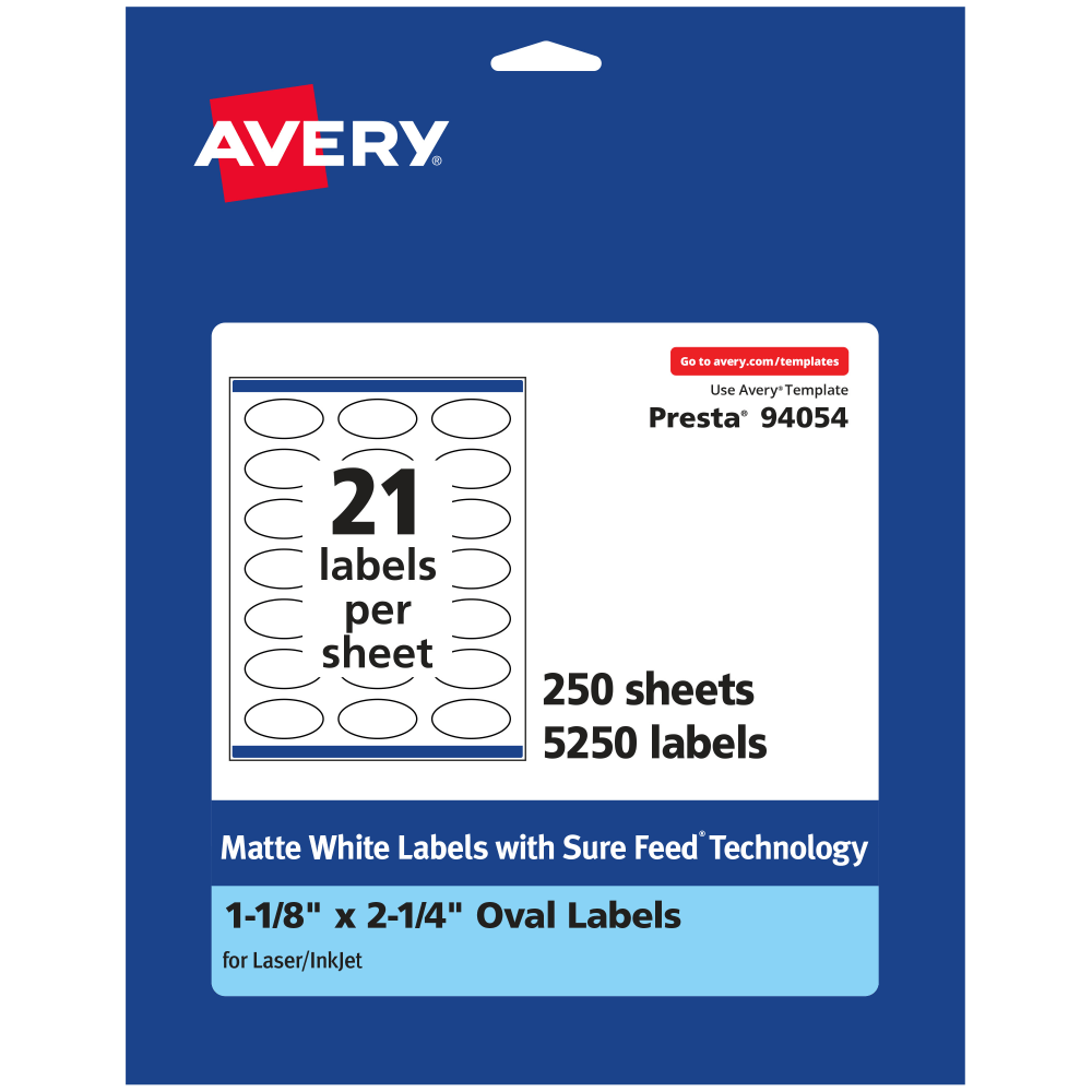 Avery Permanent Labels With Sure Feed, 94054-WMP250, Oval, 1-1/8in x 2-1/4in, White, Pack Of 5, 250 MPN:94054-WMP250