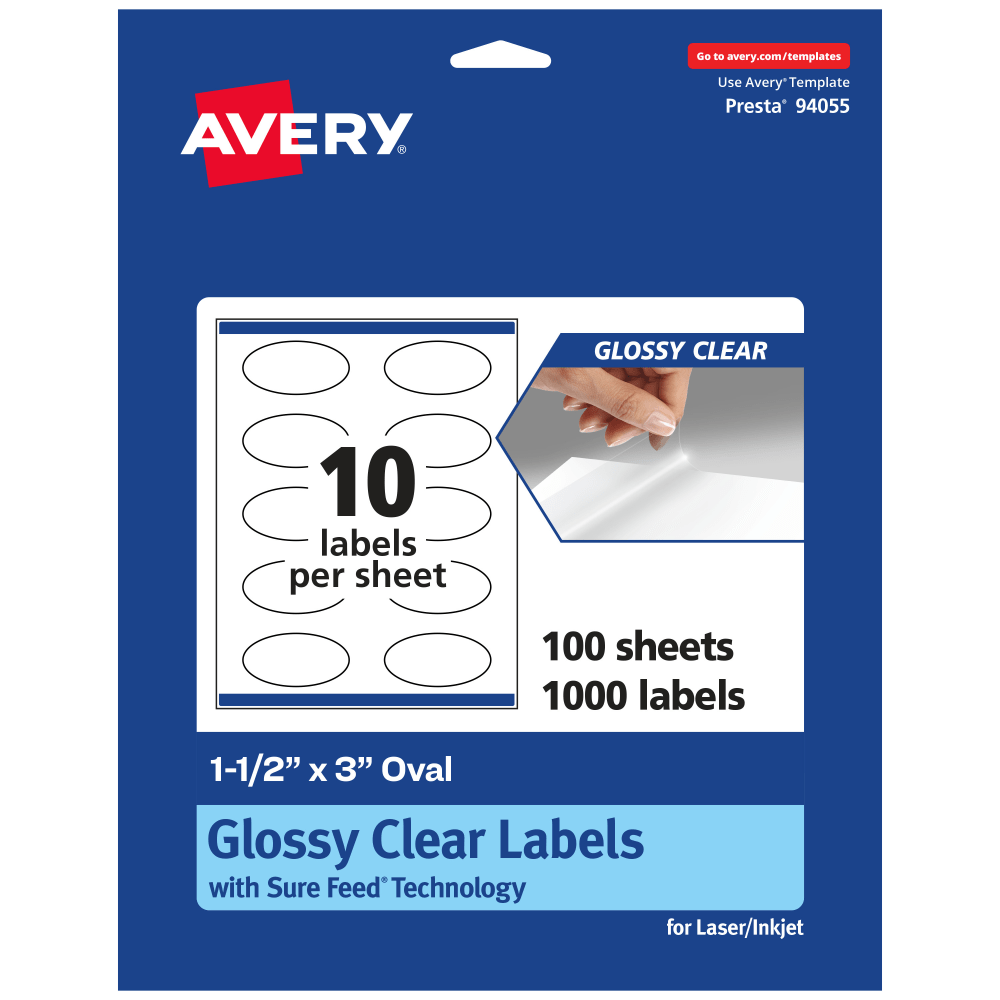 Avery Glossy Permanent Labels With Sure Feed, 94055-CGF100, Oval, 1-1/2in x 3in, Clear, Pack Of 1, 000 MPN:94055-CGF100