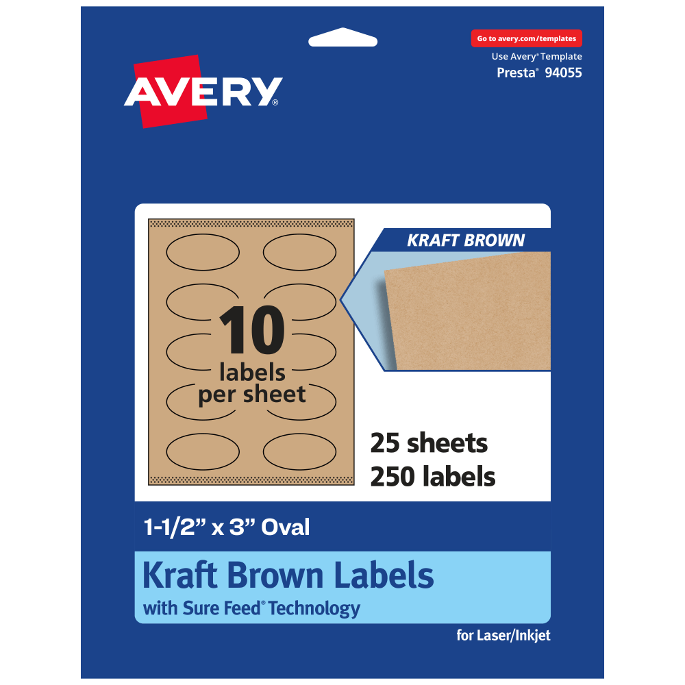 Avery Kraft Permanent Labels With Sure Feed, 94055-KMP25, Oval, 1-1/2in x 3in, Brown, Pack Of 250 MPN:94055-KMP25