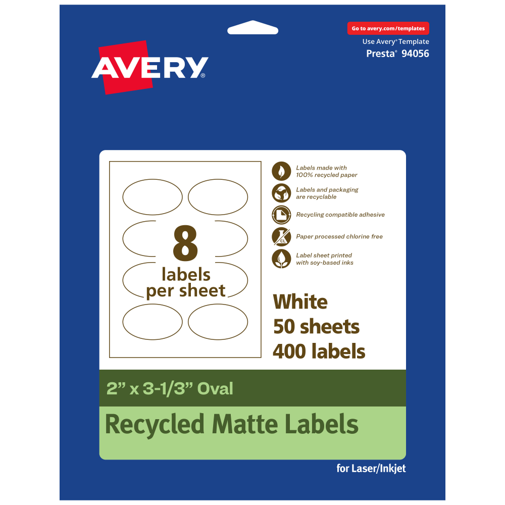 Avery Recycled Paper Labels, 94056-EWMP50, Oval, 2in x 3-1/3in, White, Pack Of 400 MPN:94056-EWMP50