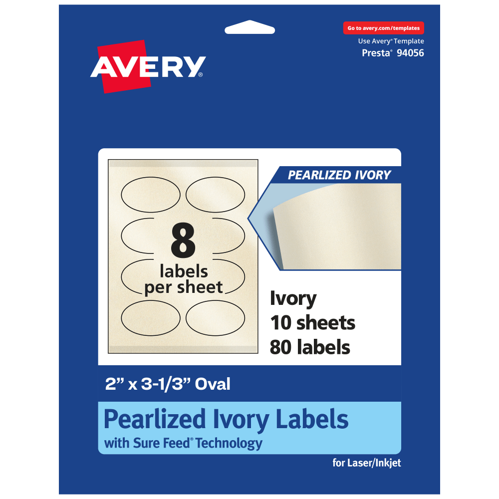 Avery Pearlized Permanent Labels With Sure Feed, 94056-PIP10, Oval, 2in x 3-1/3in, Ivory, Pack Of 80 Labels MPN:94056-PIP10