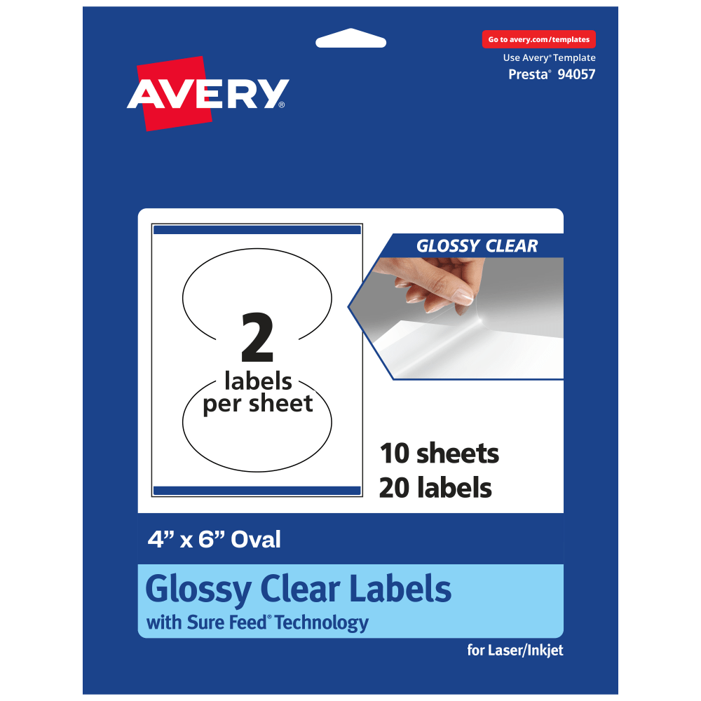 Avery Glossy Permanent Labels With Sure Feed, 94057-CGF10, Oval, 4in x 6in, Clear, Pack Of 20 MPN:94057-CGF10