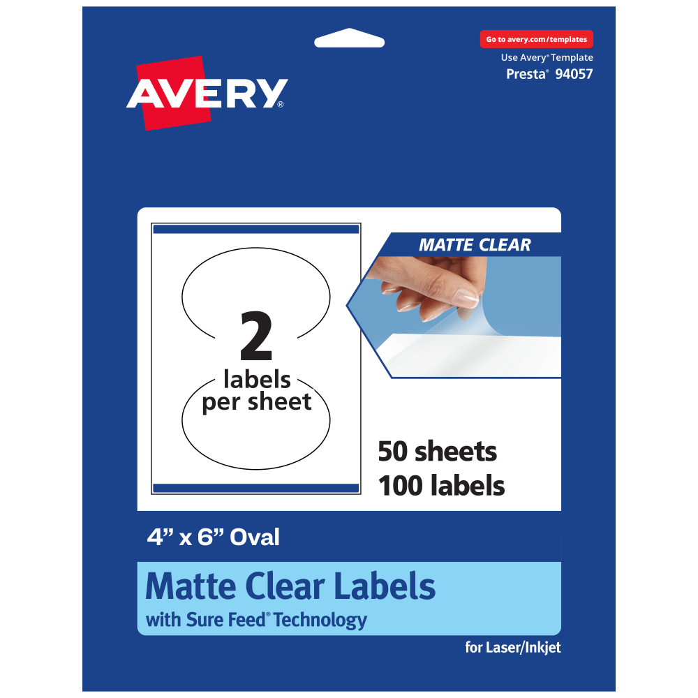Avery Permanent Labels With Sure Feed, 94057-CMF50, Oval, 4in x 6in, Matte Clear, Pack Of 100 MPN:94057-CMF50