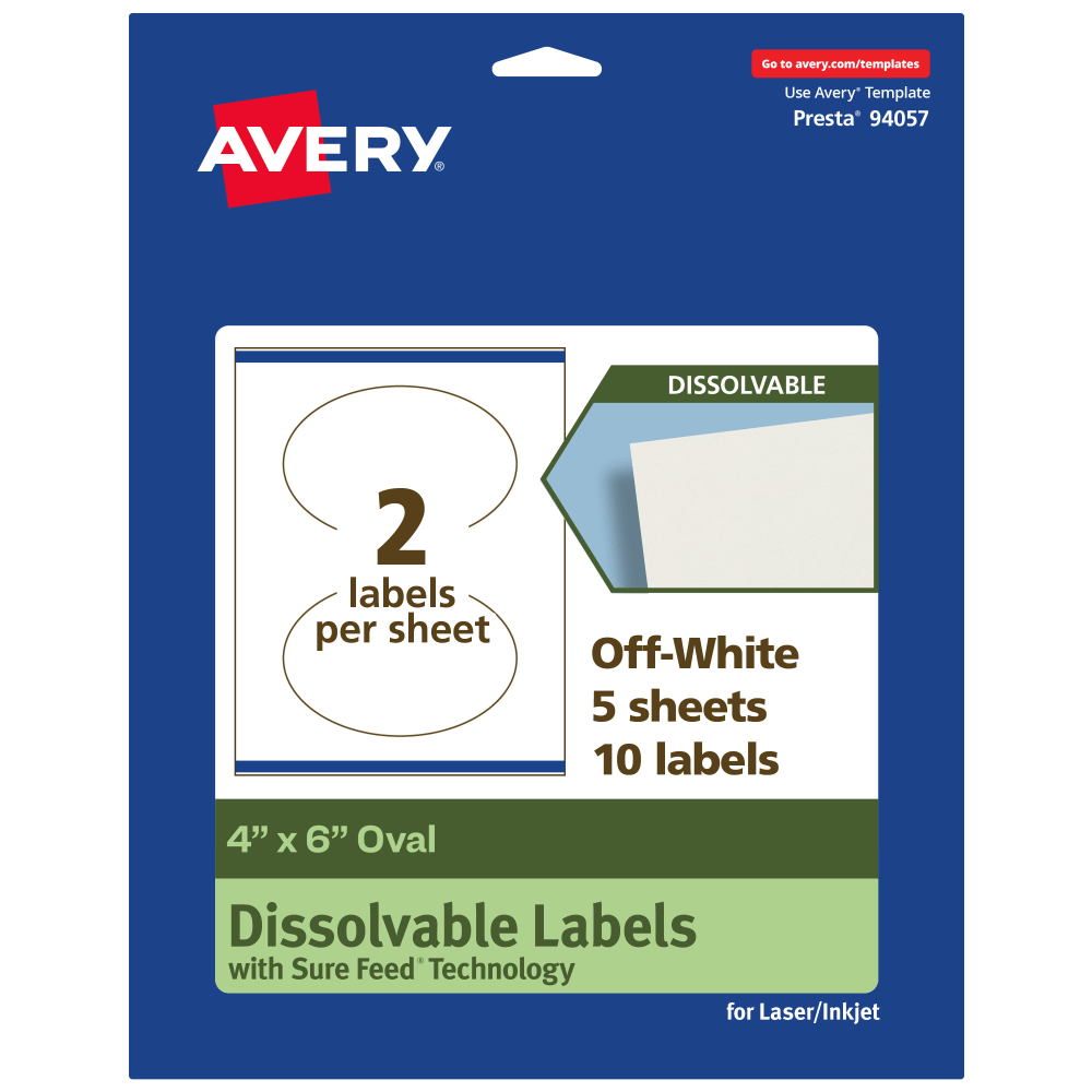 Avery Print-to-the-Edge Dissolvable Labels With Sure Feed Technology, 94057-DWMP5, Oval, 4inx6in, Matte Off-White, Pack Of 10 MPN:94057-DWMP5