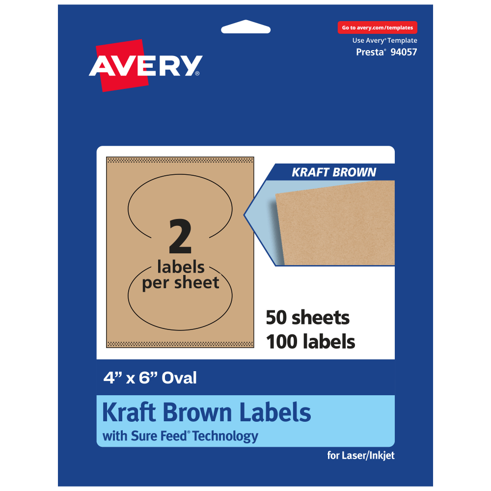 Avery Kraft Permanent Labels With Sure Feed, 94057-KMP50, Oval, 4in x 6in, Brown, Pack Of 100 MPN:94057-KMP50