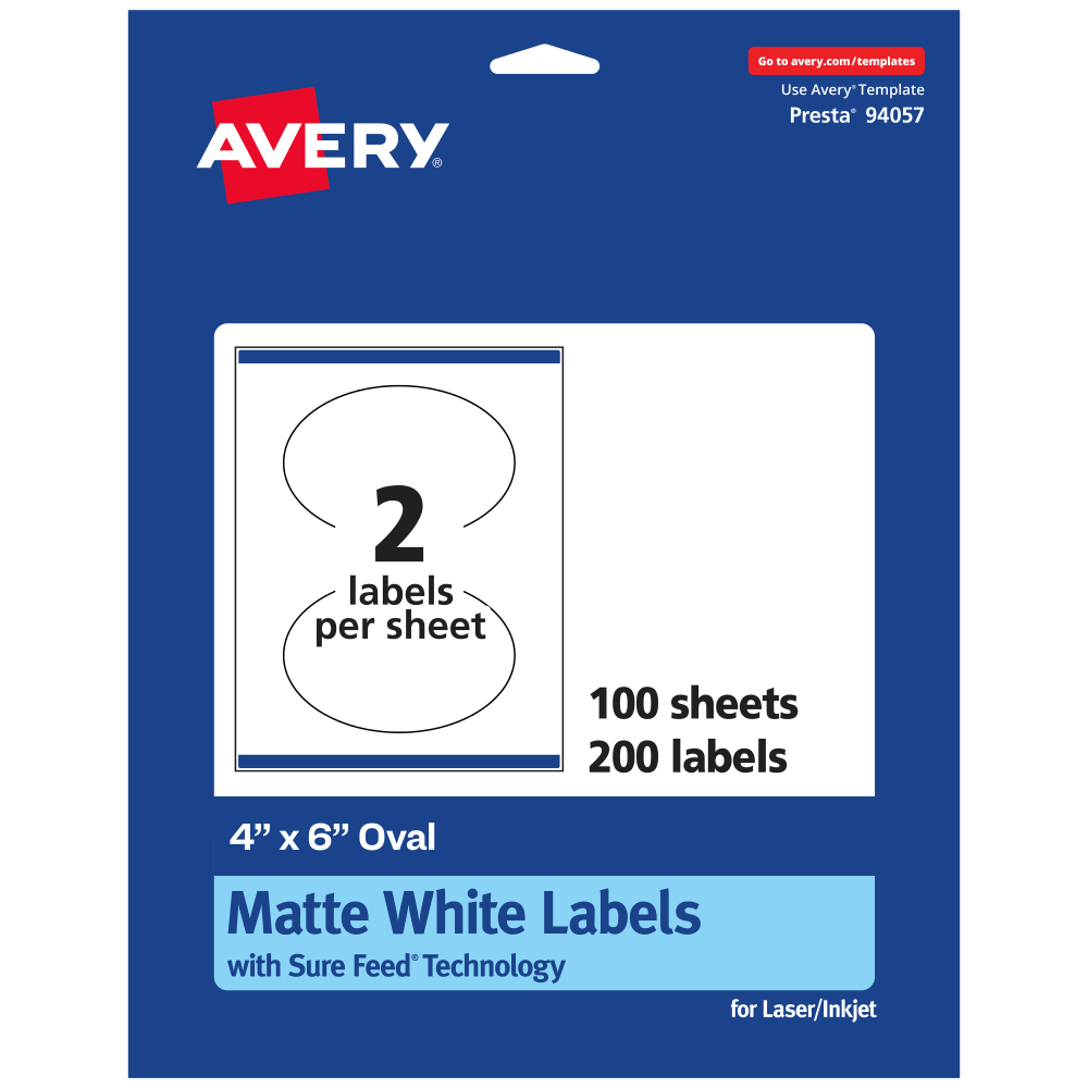 Avery Permanent Labels With Sure Feed, 94057-WMP100, Oval, 4in x 6in, White, Pack Of 200 MPN:94057-WMP100