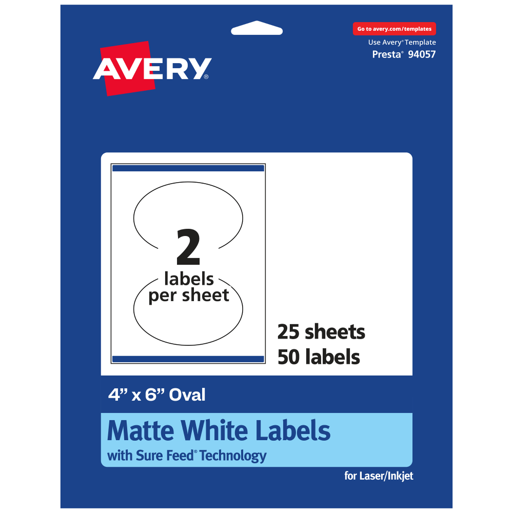 Avery Permanent Labels With Sure Feed, 94057-WMP25, Oval, 4in x 6in, White, Pack Of 50 MPN:94057-WMP25