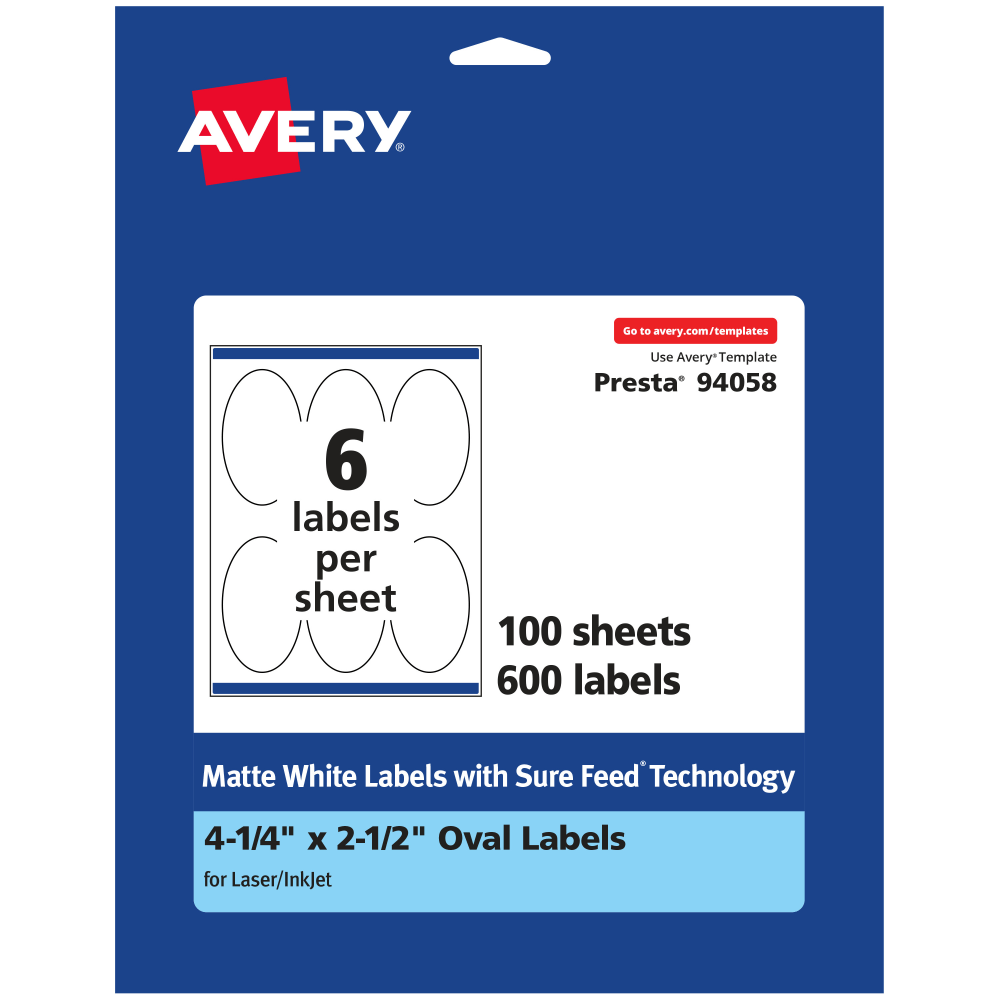 Avery Permanent Labels With Sure Feed, 94058-WMP100, Oval, 4-1/4in x 2-1/2in, White, Pack Of 600 MPN:94058-WMP100