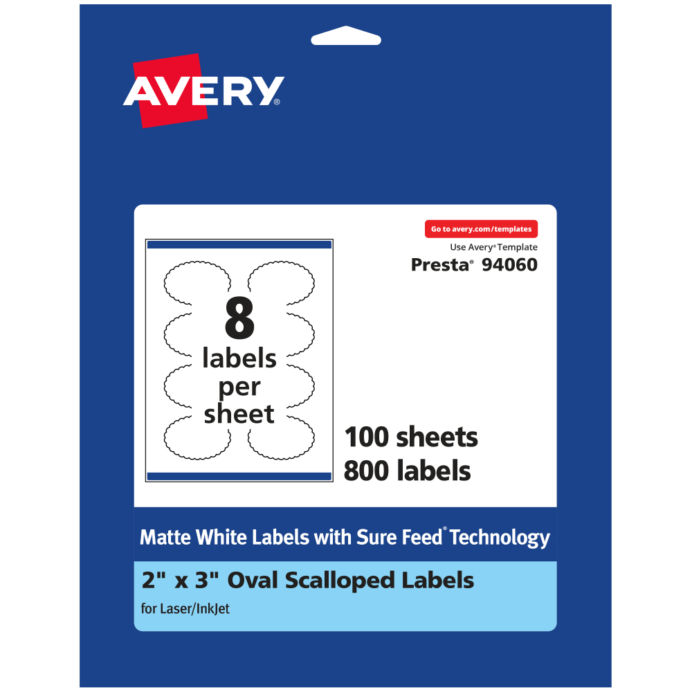 Avery Permanent Labels With Sure Feed, 94060-WMP100, Oval Scalloped, 2in x 3in, White, Pack Of 800 MPN:94060-WMP100